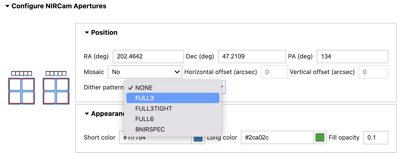 NOVT form fields showing dither options: NONE, FULL3, FULL3TIGHT, FULL6, 8NIRSPEC.