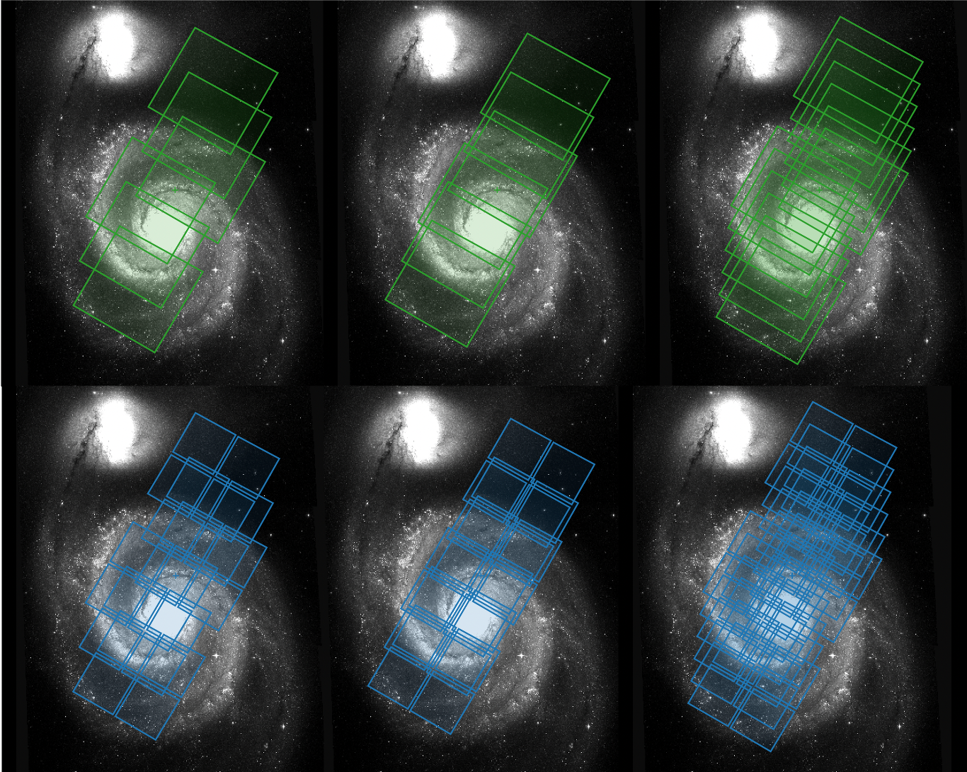 6 images showing various dither patterns for long and short channels as sets of square overlays on a FITS image.