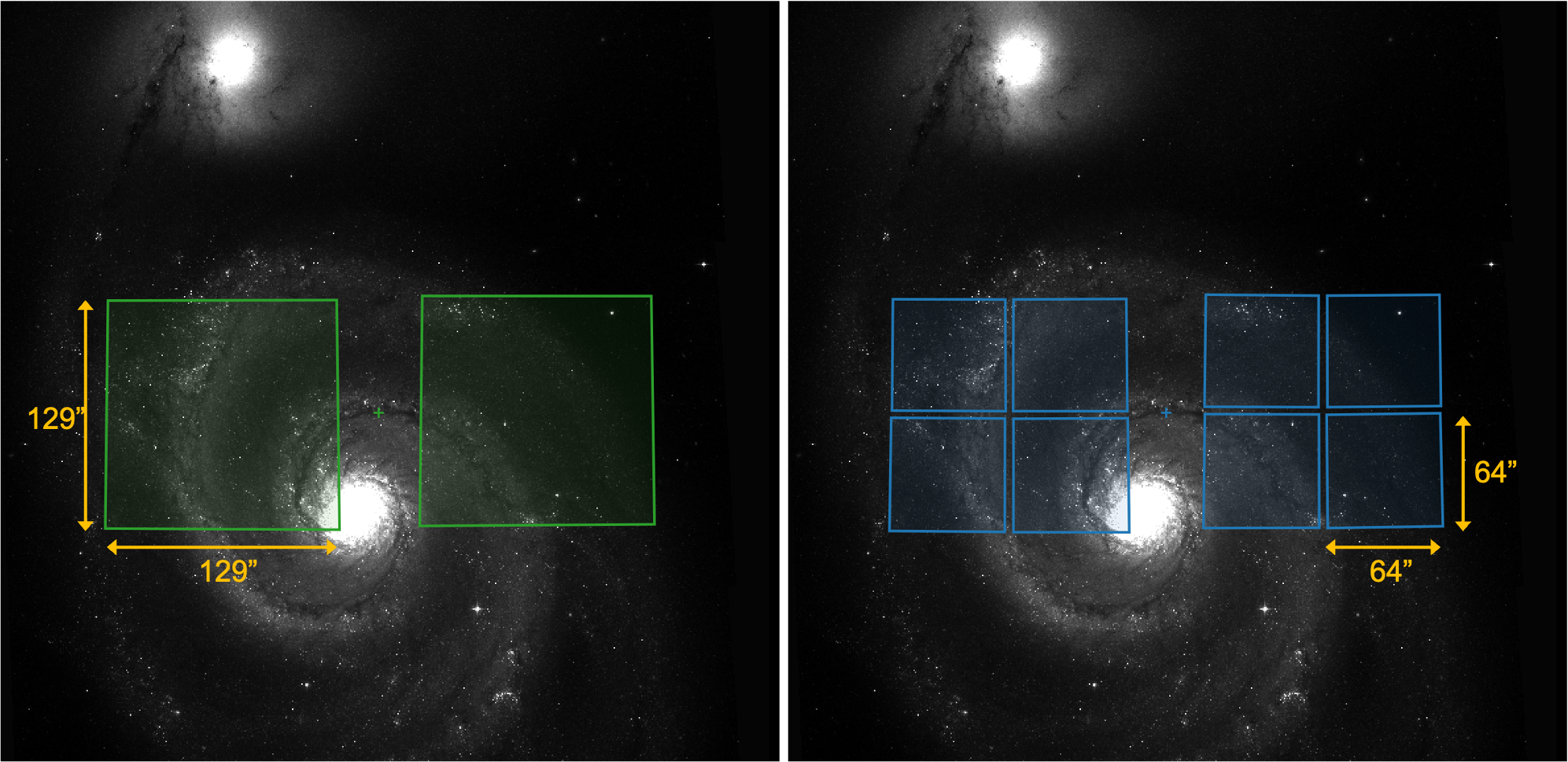 2 NIRCam long detectors shown as blues square overlays on a FITS image (left), labeled 129" along each dimension, in yellow. On the right, 8 NIRCam short detectors shown as green squares overlayed on a FITS image. One square is labeled 64" along each dimension, in yellow.