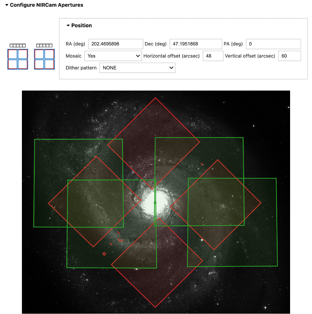 NIRCam mosaic controls showing Mosaic = Yes, Horizontal offset = 48, Vertical offset = 60. Below, NIRSpec and NIRCam Long footprints are overlaid on a FITS image. The NIRCam Long overlay is a set of 4 fields, representing a 2-tile mosaic.