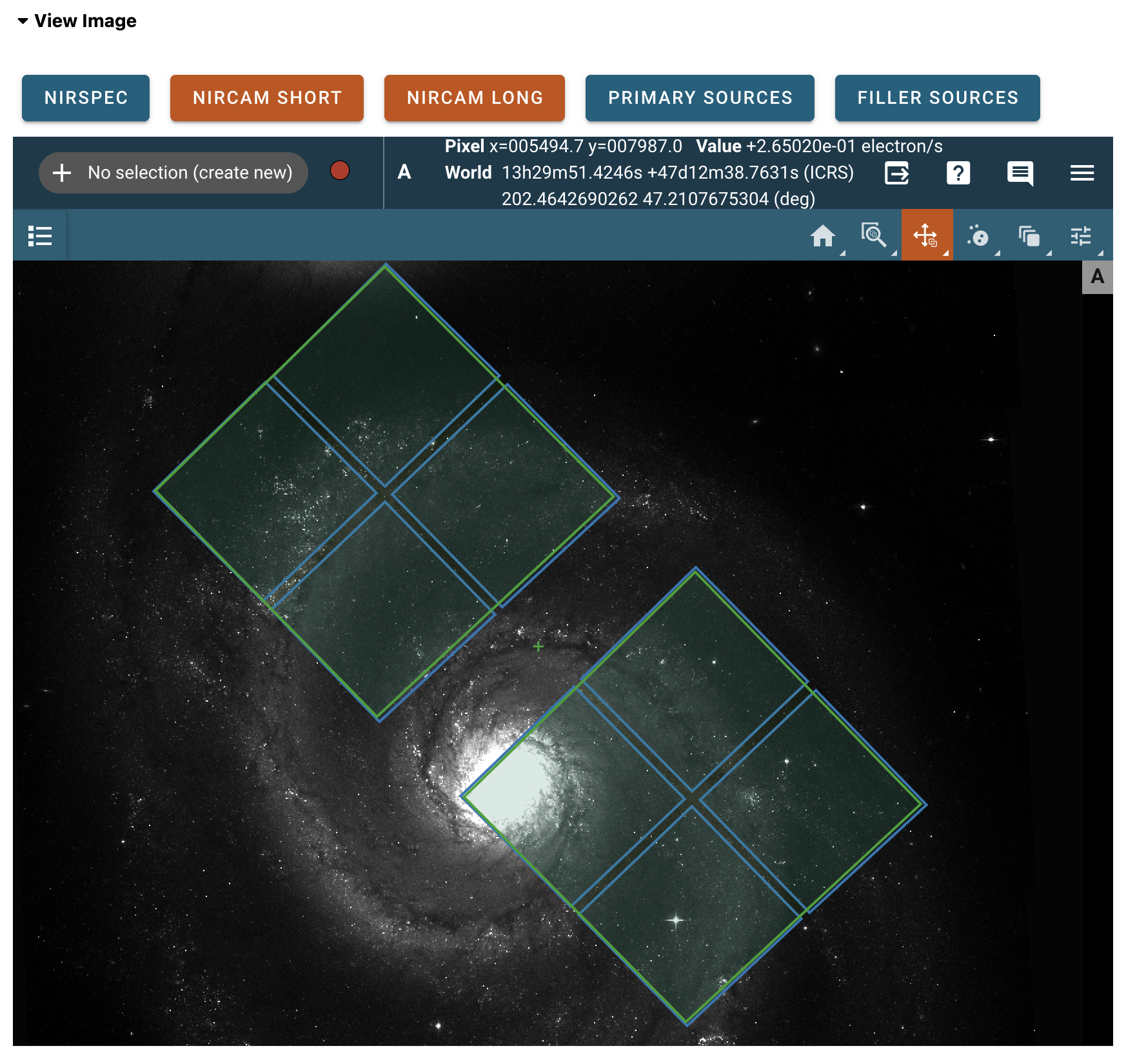 Imviz viewer showing the NIRCam overlays as several rectangles on top of a FITS image.