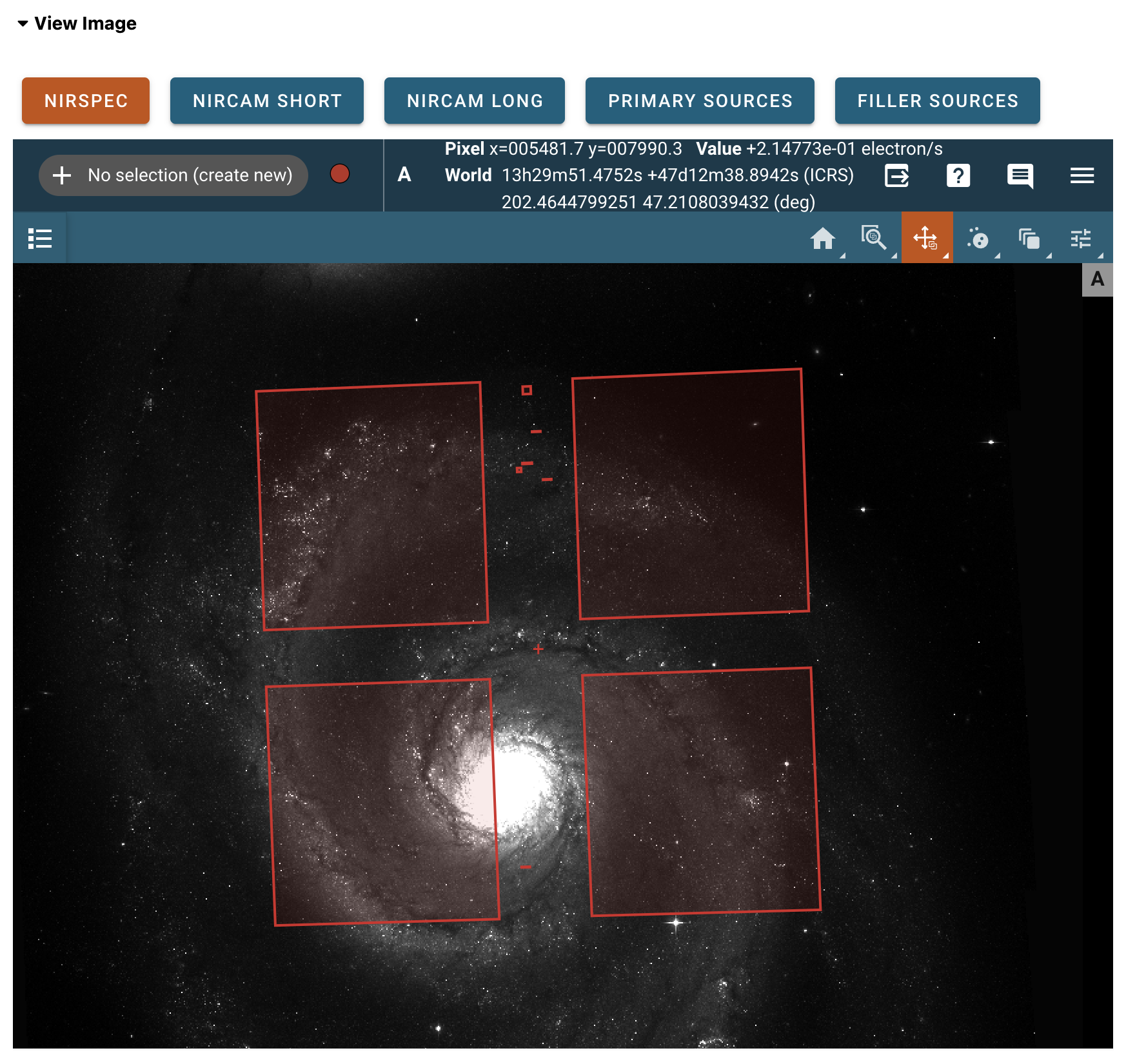 Imviz viewer showing the NIRSpec overlay as several rectangles on top of a FITS image.